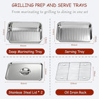 Stainless Steel Grill Prep & Serve Tray Set with Lids – Grill Carry System for Large Food Prep, Marinating Containers, Oven Roasting, and Serving (Grill Prep & Serve Tray Set #1)