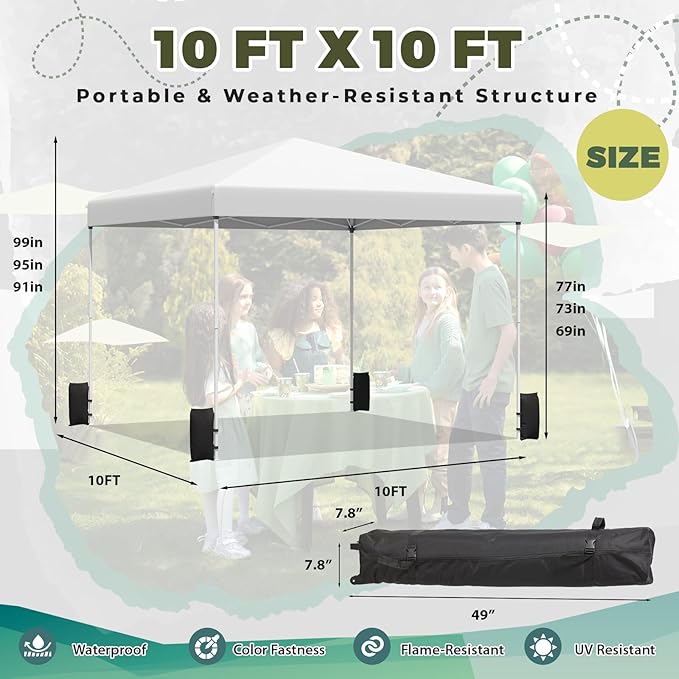 EROMMY 10x10 Pop Up Tent, Easy to Set Up Outdoor Canopy, Portable Gazebo for Events, Parties, Camping with Wheeled Bag, 4 Sand Bags, 4 Ropes and 8 Spikes(White)