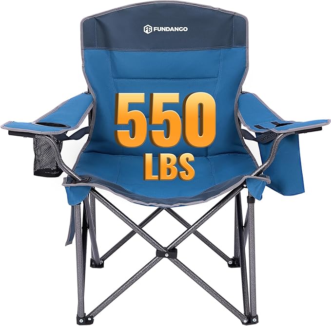 FUNDANGO Oversized Camping Chairs for Adults, Heavy Duty Fold Up Sports Games Lawn Chairs, Extra Wide Big Man Outdoor Chairs with Padded Lumbar Support Backrest, Bag Included for Camp, Outside, Beach