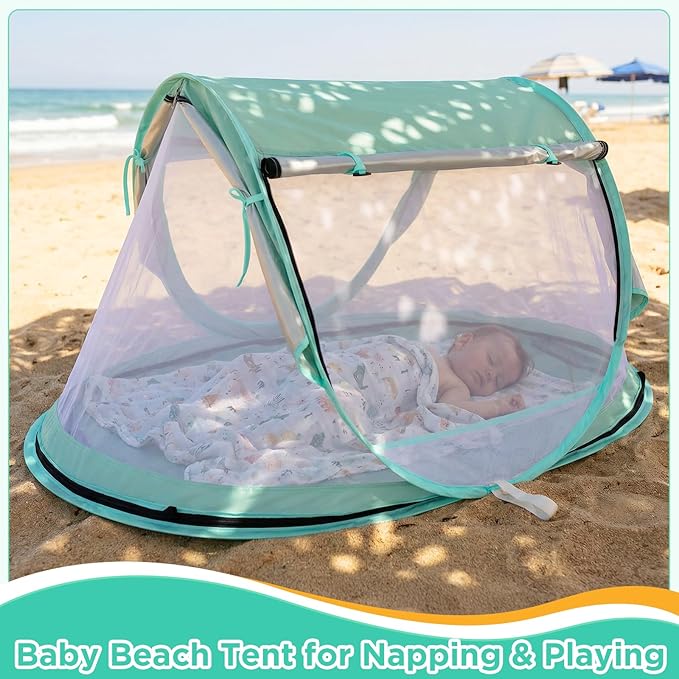 Baby Beach Tent, Pop Up Beach Tent Sun Shade for Beach, UPF 50+ UV Protection Sun Shelters for Infants with Carry Bag for Outdoor Travel, Camping(Green)