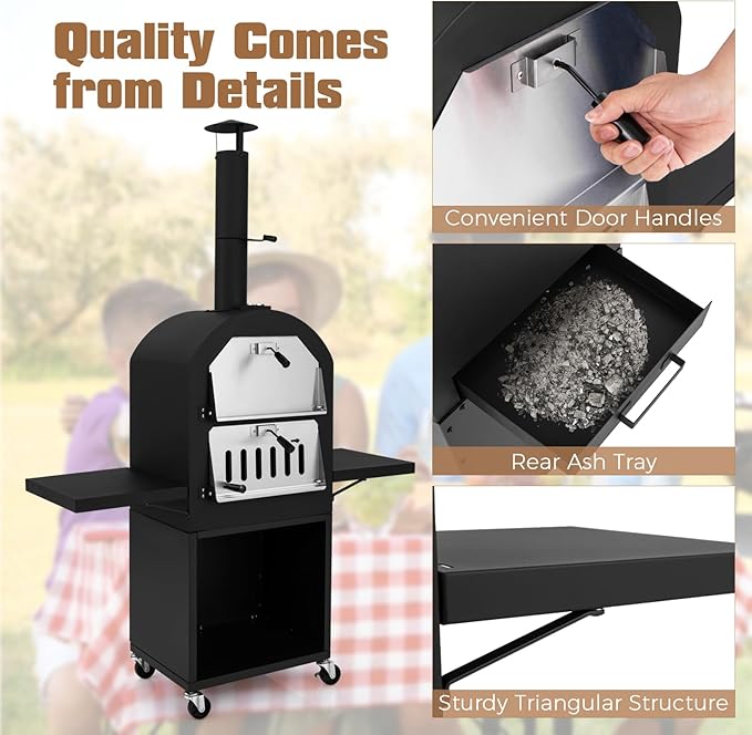 LDAILY Outdoor Pizza Oven, Wood Fired Pizza Maker with Side Shelves, Cooking Grids, Cover, Pizza Stone & Peel, Patio Portable Pizza Stove for Backyard, Camping & Party, Black