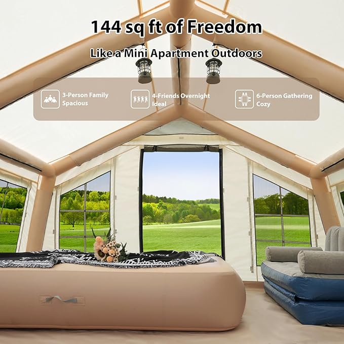 2025 Upgraded Waterproof Inflatable Camping Tent, Large Blow-Up Air Tent, No Assembly Needed Luxury Glamping House, Oxford Fabric
