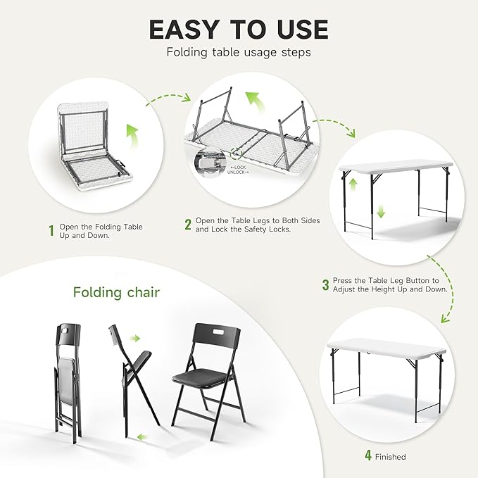 4FT Folding Table Set with 4 Folding Chairs, Heavy Duty 400 lbs Table & 330 lbs Chairs, Portable Folding Furniture Bundle for Camping, Party, Indoor & Outdoor Use
