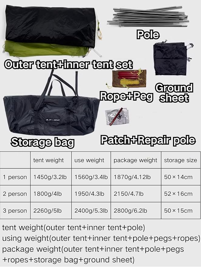 3F UL Gear Taiji 1/3 Person Tent for stormrain,1.45/3.2lb Ultralight Backpacking Tent,5000mm+ Waterproof Ventilation,Resistant to Wind gusts of 7,Easy Set up