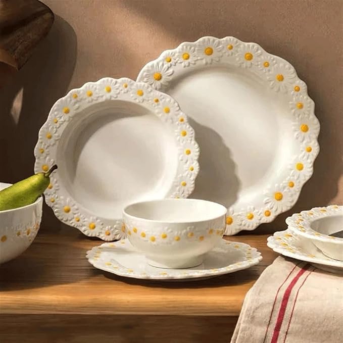 Camping Plates Ceramic Dinner Plate Embossed Dinner Plate Restaurant Western Food Plate Home Kitchen Dessert Plate Tableware Decorative Plate(25cm)