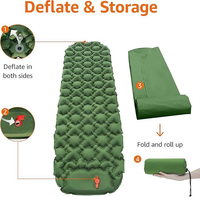 Amazon Basics Camping Sleeping Pad with Quick-Inflate Built-in Foot Pump, Water Resistant, Ultralight, Portable for Hiking and Backpacking, Olive Green