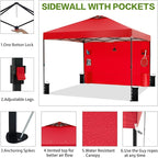 10'x10' Pop Up Canopy Tent with 1 Sidewall and 6 Pockets, One Push Setup, Instant Shade Tent with Vented Roof for Beach Patio Outdoor, Case, 8 Stakes, 4 Ropes, 4 Sandbags (Red, 10x10)