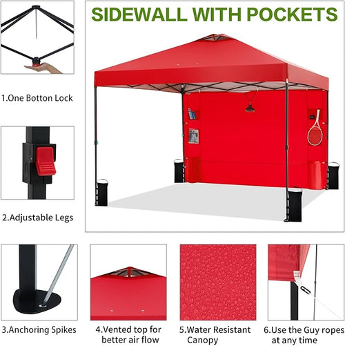 10'x10' Pop Up Canopy Tent with 1 Sidewall and 6 Pockets, One Push Setup, Instant Shade Tent with Vented Roof for Beach Patio Outdoor, Case, 8 Stakes, 4 Ropes, 4 Sandbags (Red, 10x10)