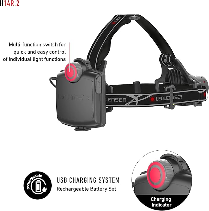 Ledlenser H14R.2 Rechargeable LED Headlamp - Black, 4400mAh Li-ion, IPX4-1000LM Boost & 300M Beam for Bright Headlamp Use - Hard Hat Flashlight Mount Cable - Rear Red Light & Battery Indicator