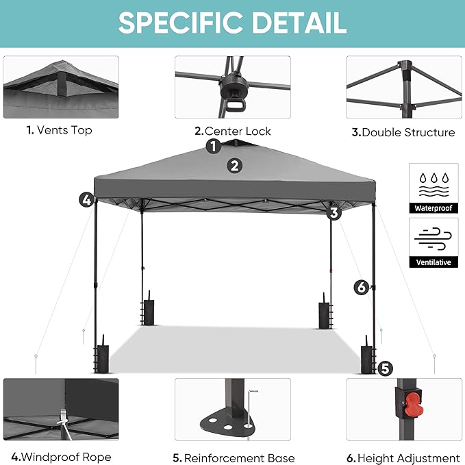 GDY 12x12 Pop Up Canopy Patio Carpas, One Push Set up with Central Lock Canopy with Wheeled Carry Bag, Included 4 Sandbaogs,8 Stakes and 4 Ropes, Gray
