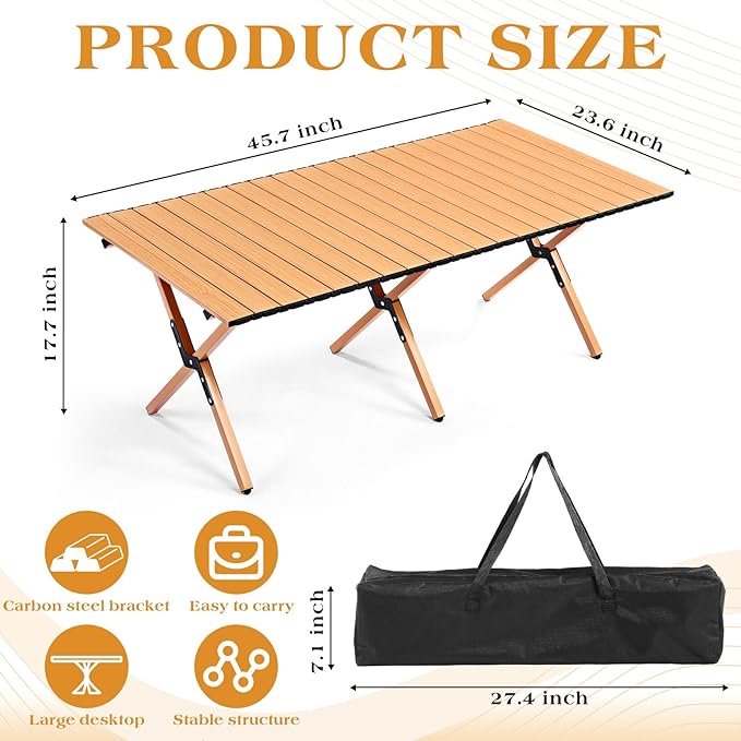 Suzile 2 Pack Foldable Camping Table 4ft Portable Lightweight Picnic Table Collapsible Roll up Metal Camp with Carry Bag for Camping, Picnic, Patio, Outdoor Party(Yellow Wood Color)