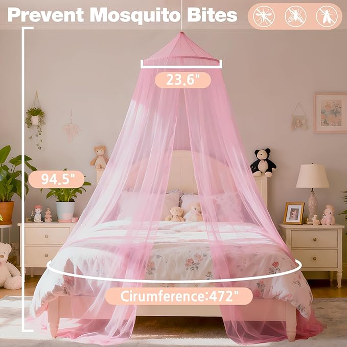 Pink Princess Bed Canopy for Girls,Kids Canopy Bed for Twin, Full, and Queen Sizes; Mosquito Net for Outdoor Use;Bedroom Accessories;Ceiling Tent for Reading Nooks