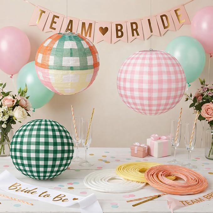 12 Pcs Camp Gingham Paper Lantern Cute Camping Bachelorette Decorations Kit Pink Green Gingham Camp Bride Supplies for Spa Wedding Bridal Engagement Baby Shower Party Decorations, 8inch