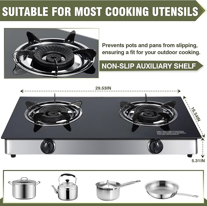 2 Burner Propane Gas Cooktop, Portable Tempered Glass Double Burner Stove with Auto Ignition, 30,000 BTU, CSA Certified Regulator & Hose, Outdoor Camping RV BBQ Kitchen LPG Gas Stove