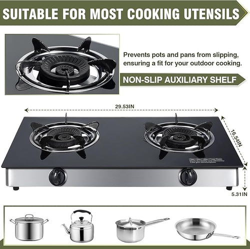 2 Burner Propane Gas Cooktop, Portable Tempered Glass Double Burner Stove with Auto Ignition, 30,000 BTU, CSA Certified Regulator & Hose, Outdoor Camping RV BBQ Kitchen LPG Gas Stove