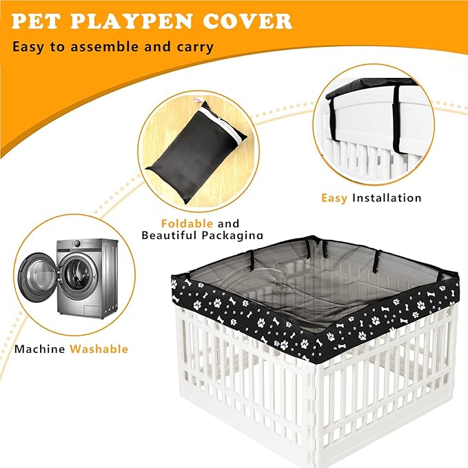 Dog Playpen Mesh Top Cover for 36" Inch Pet Playpen with 4 Panels, Dog Crate Cover Pet Tent Puppy Play Pen Cover, Ideal for Indoor/Outdoor Use. Note: Playpen Not Included (Black)