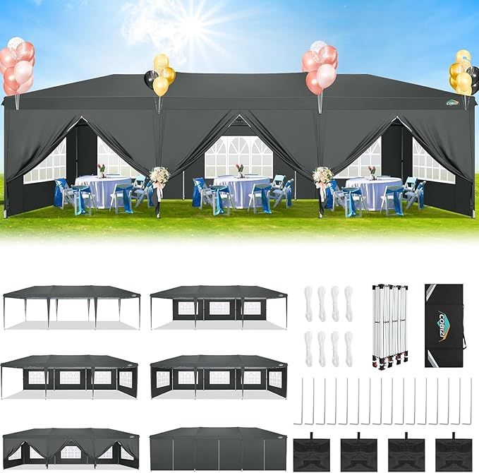 COBIZI 10x30 Pop Up Canopy Tent with 8 Sidewalls Party Tents Waterproof UPF 50+ Commercial Instant Outdoor Events Tent for Parties Markets Backyard, Ropes, Sandbags（10 x 30 ft Gray