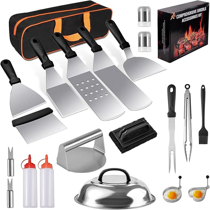 22PCS Griddle Accessories for Blackstone, Flat Top Grill Accessories for Camp Chef, Griddle Spatula Set with Metal Spatula, Enlarged Spatulas, Basting Cover, Scraper for Outdoor Barbecue