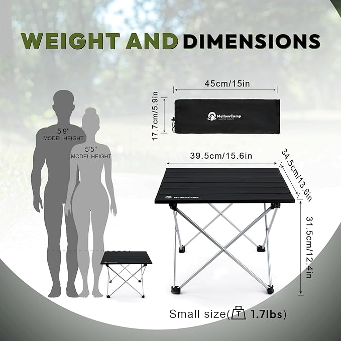 MellowCamp Camping Side Table, Ultralight Aluminum Folding Table, Small Compact Portable Ideal for Camping, Hiking, Beach, Outdoor Cooking, Picnics (Black, Small)