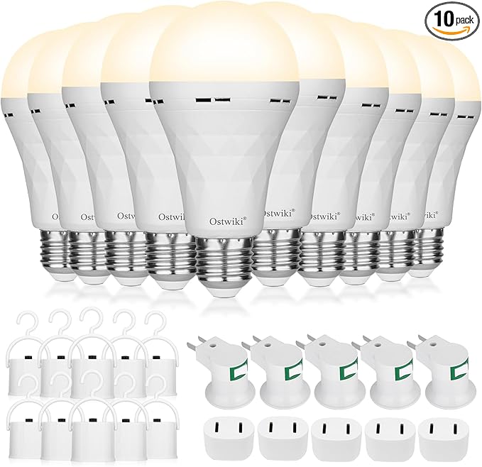 10 Pack Rechargeable Light Bulbs, Emergency Light Bulbs for Power Outage Hurricane Camping 3000K Warm Light Battery Operated Light Bulb 9W E26 1200mAh Battery Backup Soft Light Bulb for Lamps
