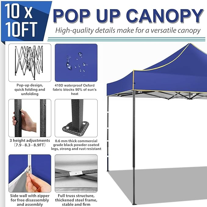 COBIZI Pop Up Canopy Heavy Duty Sidewalls, Commercial Heavy Duty Pop Up Tent for Parties All Weather Waterproof and UV 50+ Wedding Tent with Roller Bag (Deep Blue - 10x10FT)