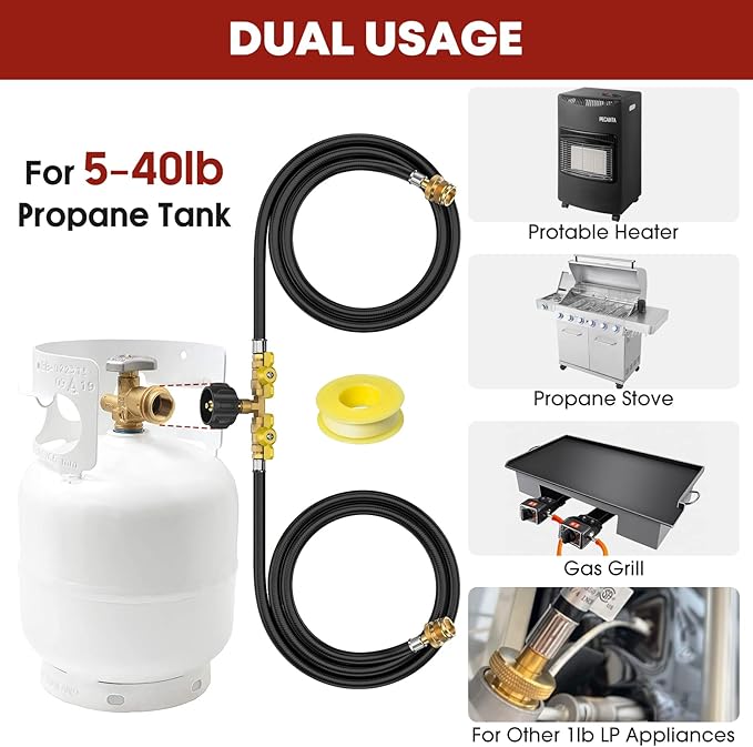 5ft Propane 2 Way Y Splitter Adapter Hose,1 lb to 20 lb Converter with Shut Off Valve, Propane Adapter 1lb Portable Appliance to QCC1/Type1 5-40lb Tank,350PSI for Heater,Camping Stove,Grill