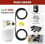 5ft Propane 2 Way Y Splitter Adapter Hose,1 lb to 20 lb Converter with Shut Off Valve, Propane Adapter 1lb Portable Appliance to QCC1/Type1 5-40lb Tank,350PSI for Heater,Camping Stove,Grill