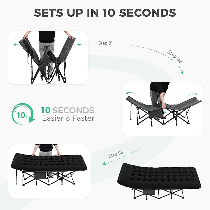 JEAREY 2-Piece Camping Cot for Sleeping 28" Extra Wide, Heavy-Duty 1200D Oxford Foliding Cots for Adults Portable with Mattress, Carry Bag for Guest, Travel, Hiking, Black