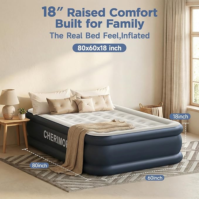 Queen Air Mattress with Built in Pump, 18" Elevated Height, 48Hr Leak-Tested, Honeycomb Coil Support, 800 lbs Capacity, Fast 3-Min Inflation–Blow Up Mattress for Guest Room & Sleepover