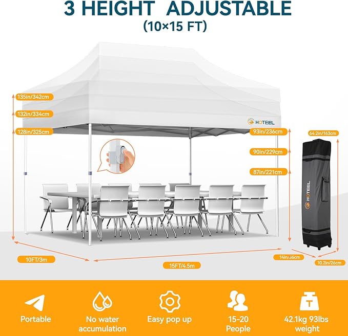Hoteel 10x15 Pop Up Canopy Tent Heavy Duty Without Sidewalls, Waterproof Party Tent, Easy Set-up Commercial Instant Tents with Roller Bag & Sandbags, Hexagonal Leg (1-Year Warranty)