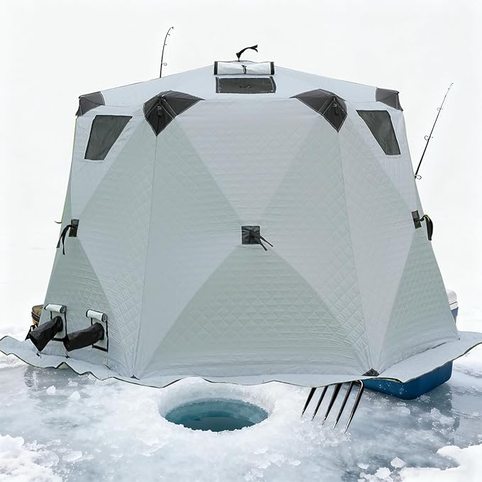 Upgraded 6–12 Person Insulated Ice Fishing Tent with Stove Jack, Dual-Layer 210D Oxford Thermal Shelter, 2 Doors 4 Windows, Pop-Up Ice Shanty for Winter Camping, Outdoor Use Silver-8-12Person