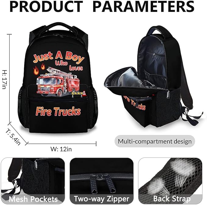 Backpack for Kids Boys, Set of 3 Fire Truck School Backpacks Matching Combo for Children Truck Lovers, Large Capacity Bookbag with Pencil Case Set Bundle for Travel Camp School