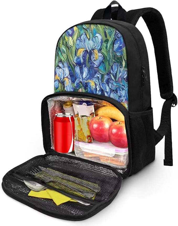 Hiking Picnic Food Cooler Backpack for Teens Men Women Primary Middle High School Bookbag Outdoor Laptop Bag All In One Backpack Meal Bag, Cat in Irises Floral