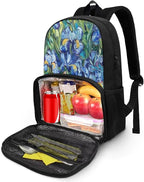 Hiking Picnic Food Cooler Backpack for Teens Men Women Primary Middle High School Bookbag Outdoor Laptop Bag All In One Backpack Meal Bag, Cat in Irises Floral