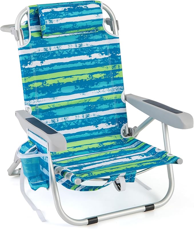 GYMAX Beach Chair, 330lbs Backpack Lounger with 5-Position Backrest, Storage Bag, Side Pocket, Towel Bar & Headrest, Foldable Low Beach Lounge, Portable Aluminum Lay Out Camp Chair (1, Blue)
