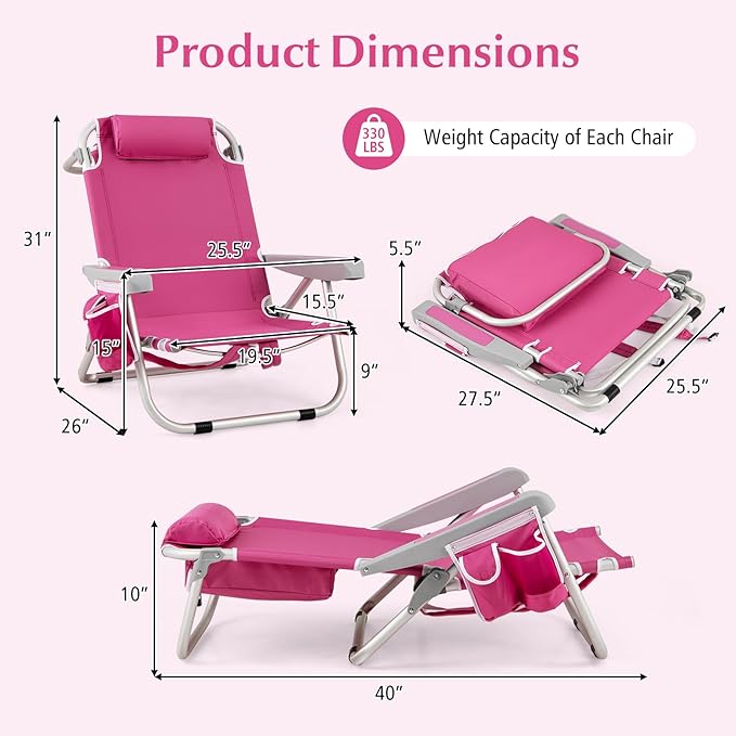GYMAX Beach Chair, 330lbs Backpack Lounger with 5-Position Backrest, Storage Bag, Side Pocket, Towel Bar & Headrest, Foldable Low Beach Lounge, Portable Aluminum Lay Out Camp Chair (1, Pink)