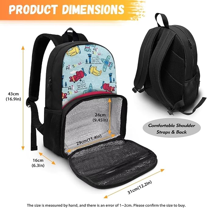 Lunch Backpack for School Picnic, 17 Inch Insulated Cooler Backpack With Lunch Compartment Meal Bag, Unisex Large Capacity Travel Casual School Bag Laptop Backpack, Cartoon Planes