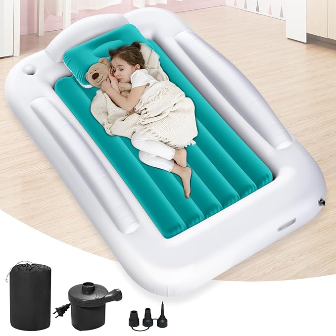 Inflatable Toddler Travel Bed - Portable Toddler Kids Travel Bed with Safety Sides Complete Kids Air Mattress Set with High-Speed Pump, Ideal for Vacation Camping and Sleepover (60 Inches)