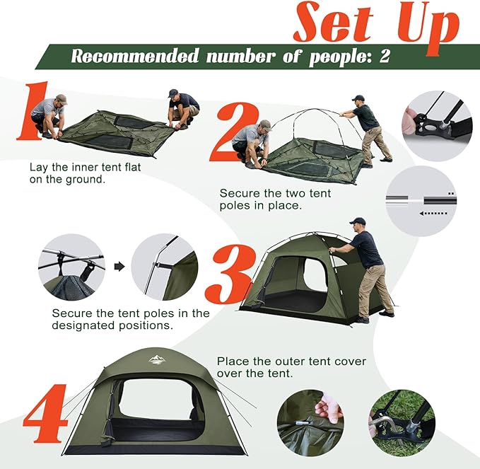 Tents for Camping 4 Person with 2 Doors and Rainfly, Camping Tents Waterproof Windproof, Large Mesh Ventilation, Easy Setup Windproof Family Tent for Outdoor Camping Hiking Backpacking