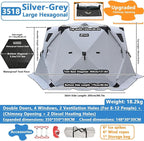 Upgraded 6–12 Person Insulated Ice Fishing Tent with Stove Jack, Dual-Layer 210D Oxford Thermal Shelter, 2 Doors 4 Windows, Pop-Up Ice Shanty for Winter Camping, Outdoor Use Silver-8-12Person