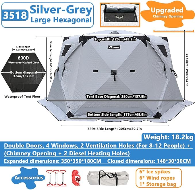 Upgraded 6–12 Person Insulated Ice Fishing Tent with Stove Jack, Dual-Layer 210D Oxford Thermal Shelter, 2 Doors 4 Windows, Pop-Up Ice Shanty for Winter Camping, Outdoor Use Silver-8-12Person