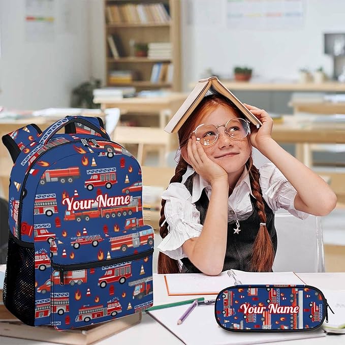 Custom Boys Backpack, 3 in 1 Fire Truck School Backpacks Matching Combo for Kindergarten Preschool, Personalized Name Durable Truck Bookbag and Pencil Case Bundle for Kids Toddlers