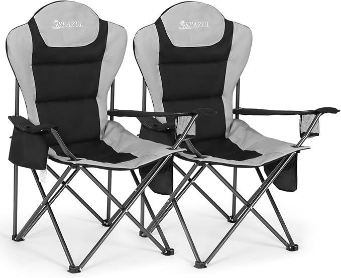 Camping Chairs for Adults, Heavy Duty Camping Chairs 2 Pack, Folding Chairs for Outside, Support 380 LBS, Portable Travel Outdoor Camp Chair with Cup Holder & Cooler Bag, Sports Chairs for Baseball