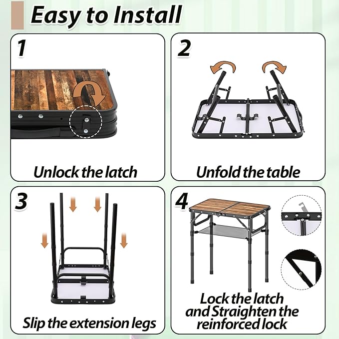 Folding Picnic Table with Storage Net, 3 Adjustable Heights Aluminum Small Folding Table, Lightweight, Portable Carrying Handle, for Camping Travel Outdoor