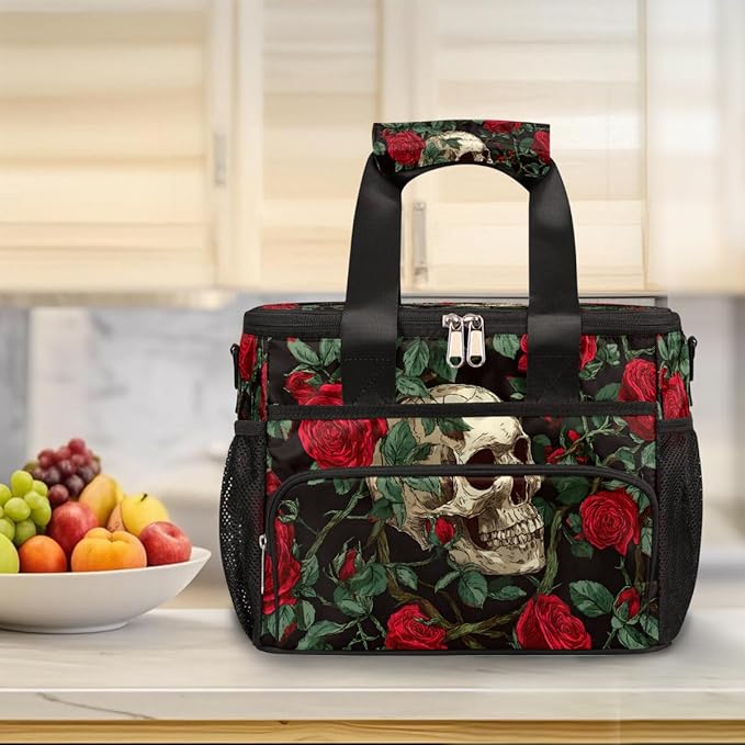 Gothic Skull Rose Flower Soft Cooler Bag Insulated Lunch Box for Men & Women, Large Leakproof Lunch Bag Portable Beach Cooler for Work, Picnic, Road Trips,Fishing, Travel, Camping,A-8