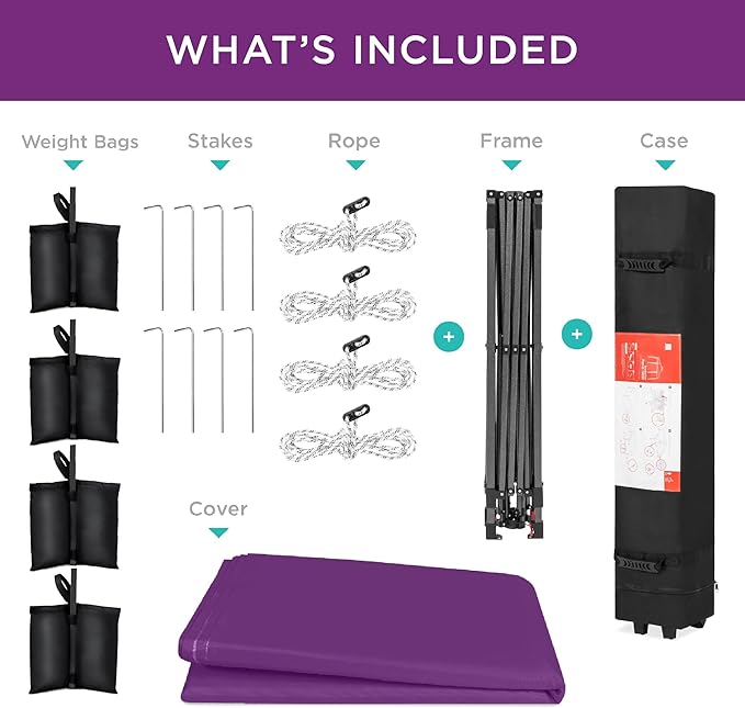 Best Choice Products 12x12ft Pop Up Canopy Tent, Outdoor Shade, 1 Person 1 Minute Set Up, Carry Case, 4 Weight Bags - Amethyst Purple