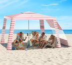 Rhino Valley Beach Cabana, 8 * 8FT Beach Tent UPF50+ Protection, Easy Setup Beach Canopy Wind Resistant with Cup Holder, Compact Beach Shade Foldable Beach Tent Sun Shelter, Pink & White Stripes
