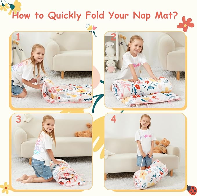 Toddler Nap Mat, Kids Sleeping Bag with Pillow & Minky Blanket, Girls Extra Large Rolled Nap Mats for Preschool Daycare Camping Kindergarten