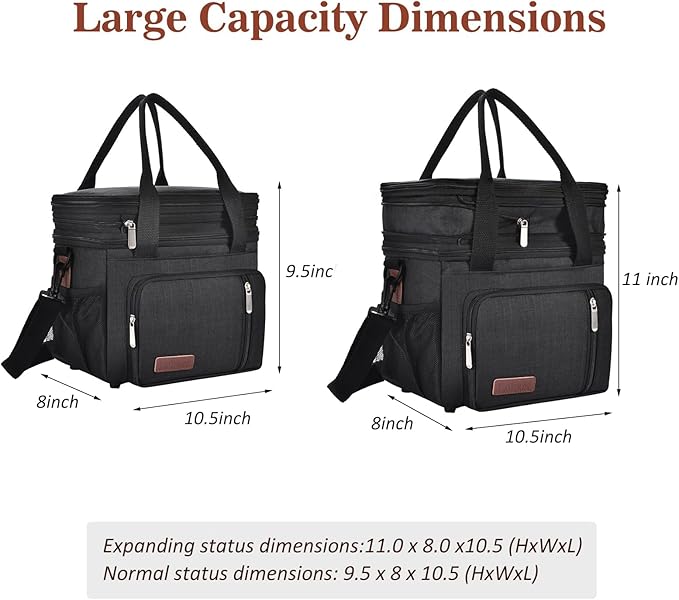 LOKASS Expandable Lunch Box for Women Men | Adult Lunchbag Cooler Tote Bag with Adjustable Shoulder Strap | Insulated Reusable Womens Lunch Bags for Work Camping Beach | 16L, Black