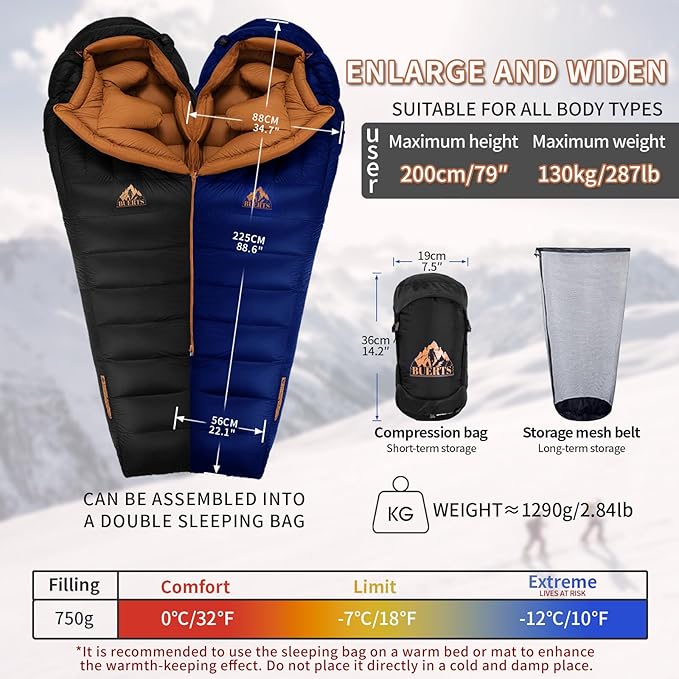 Down Backpacking Sleeping Bag 680FP. Cold Weather Sleeping Bag 0°F-32°F (Multiple Temperature Options), XL Large 4 Season Sleeping Bag for Adults Camping Hiking Mountaineering.
